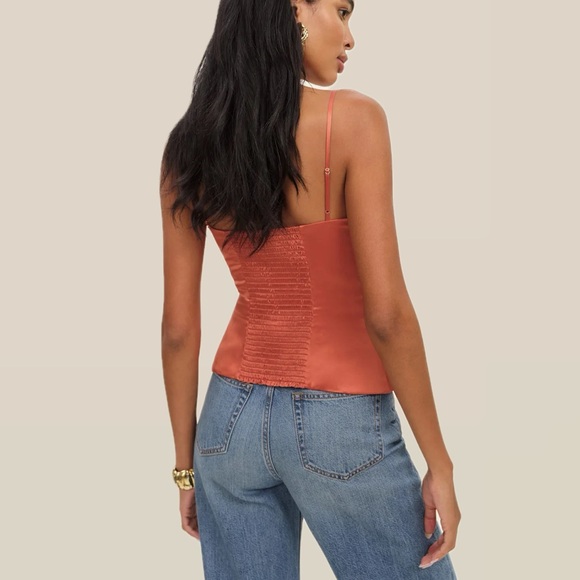 Reformation Lumi Silk Charmeuse V-Neck Sleeveless Camisole Top (Red Coral) - Picture 5 of 16